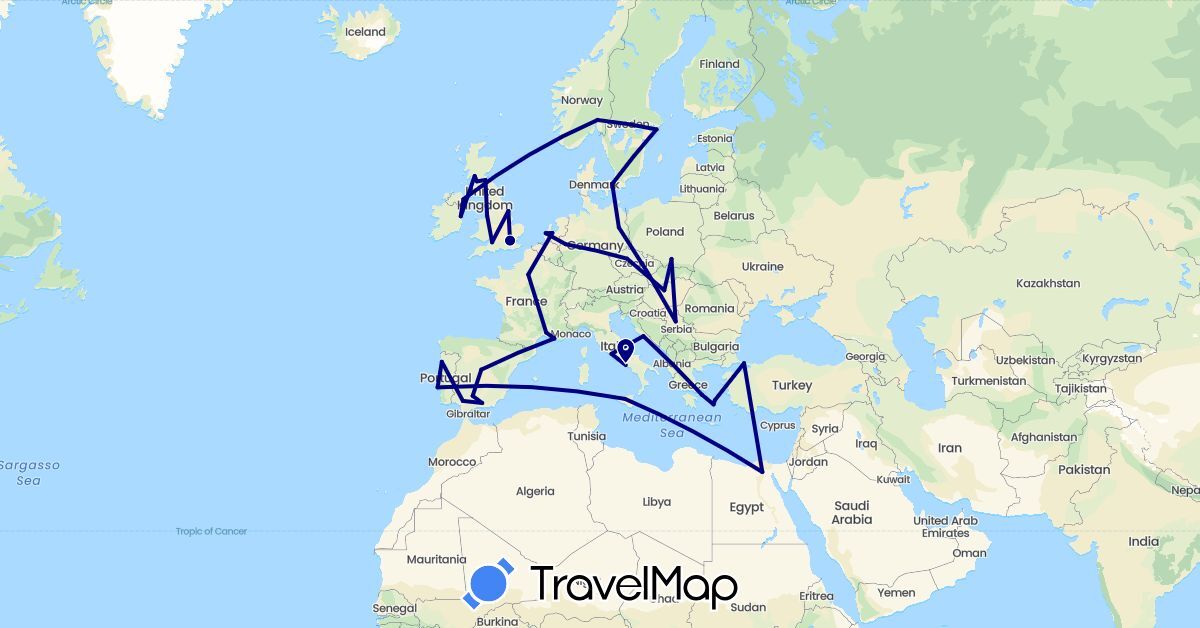 TravelMap itinerary: driving in Czech Republic, Germany, Denmark, Egypt, Spain, France, United Kingdom, Greece, Croatia, Hungary, Ireland, Italy, Netherlands, Norway, Poland, Portugal, Serbia, Sweden, Turkey (Africa, Asia, Europe)